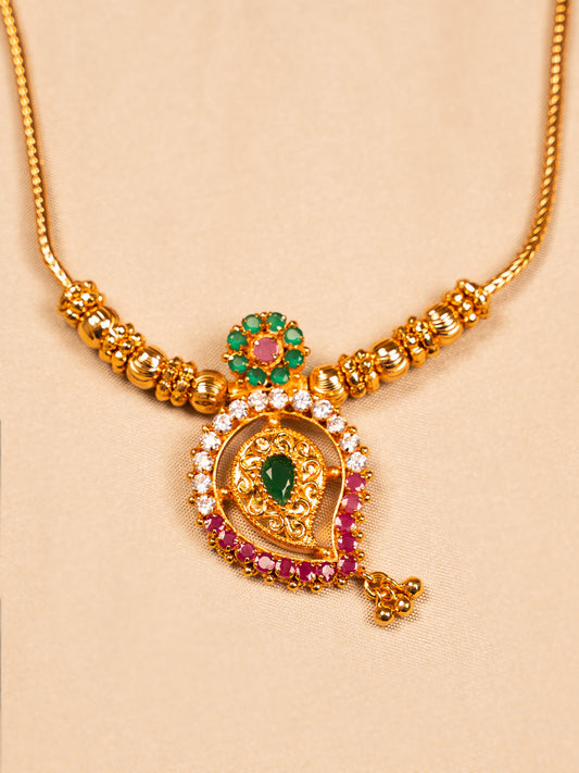 Traditional Gold Temple Necklace with Green & Red Stones – Ethnic Wear Jewellery