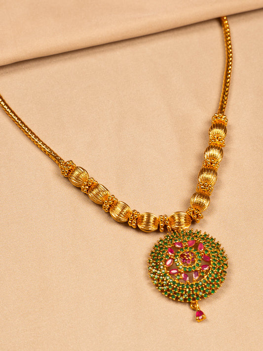 Gold Necklace with Green & Pink Stone Circular Pendant