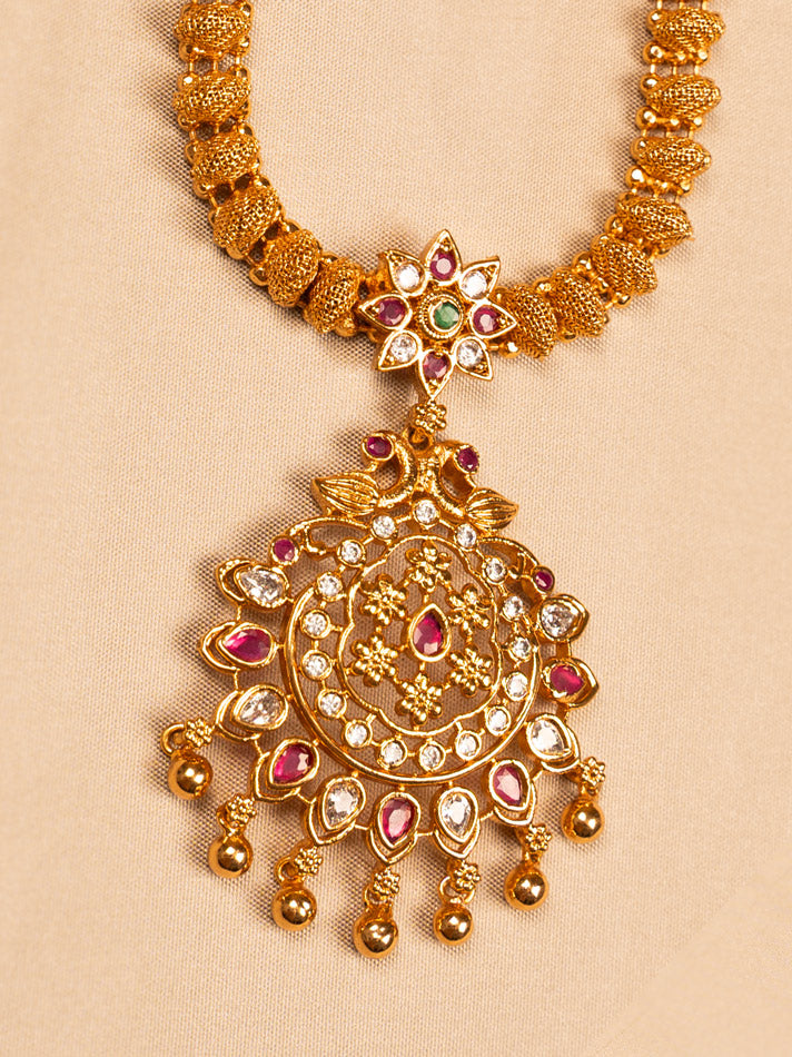 Antique Gold Temple-Style Necklace with Kundan Pendant and Beaded Chain