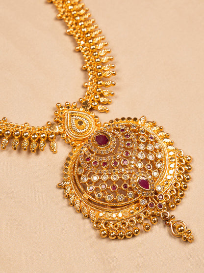 Majestic Antique Gold Bridal Necklace with Kundan & Ruby Drops