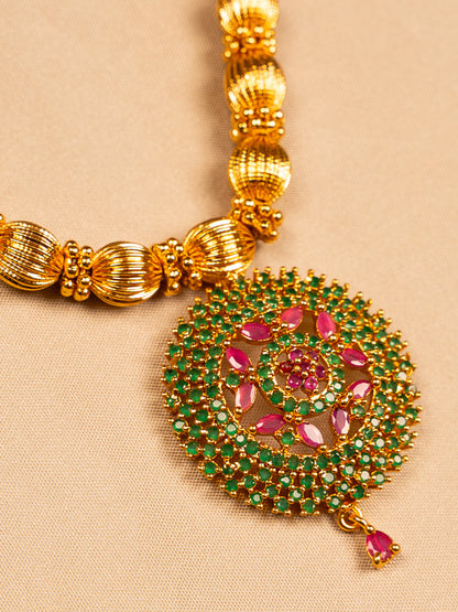 Gold Necklace with Green & Pink Stone Circular Pendant