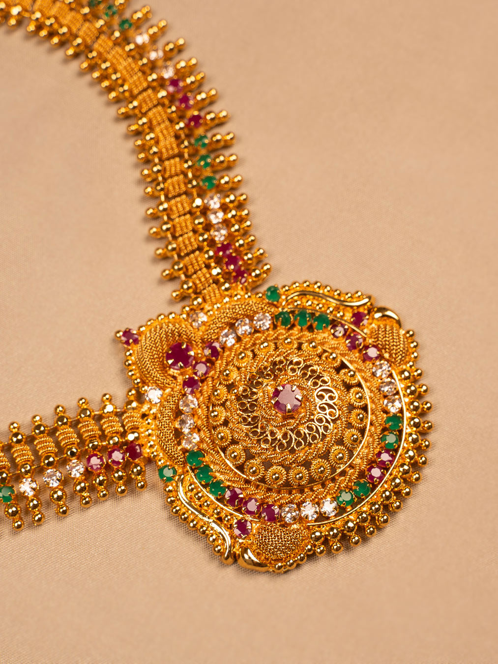 Traditional Gold-Plated Temple Necklace with Multicolor Stone Embellishments