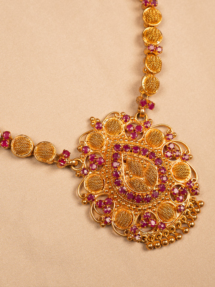 Antique Gold-Plated Temple Necklace with Pink Stones