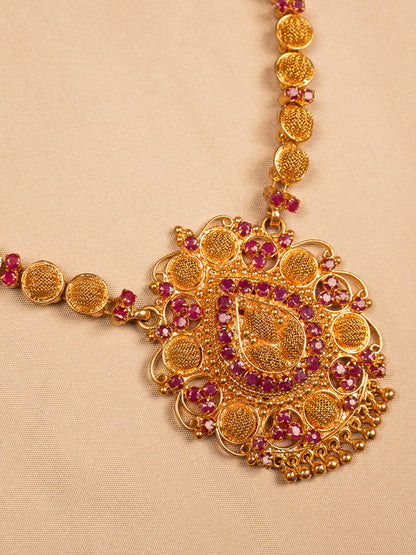 Antique Gold-Plated Temple Necklace with Pink Stones