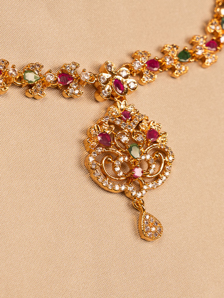 Multicolour Gold-Toned Necklace with Intricate Pendant for Women