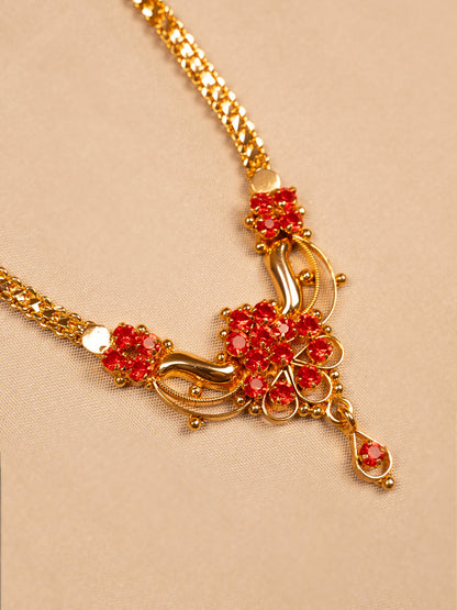 Red Stone Floral Pendant Necklace – Gold Plated Chain for Women