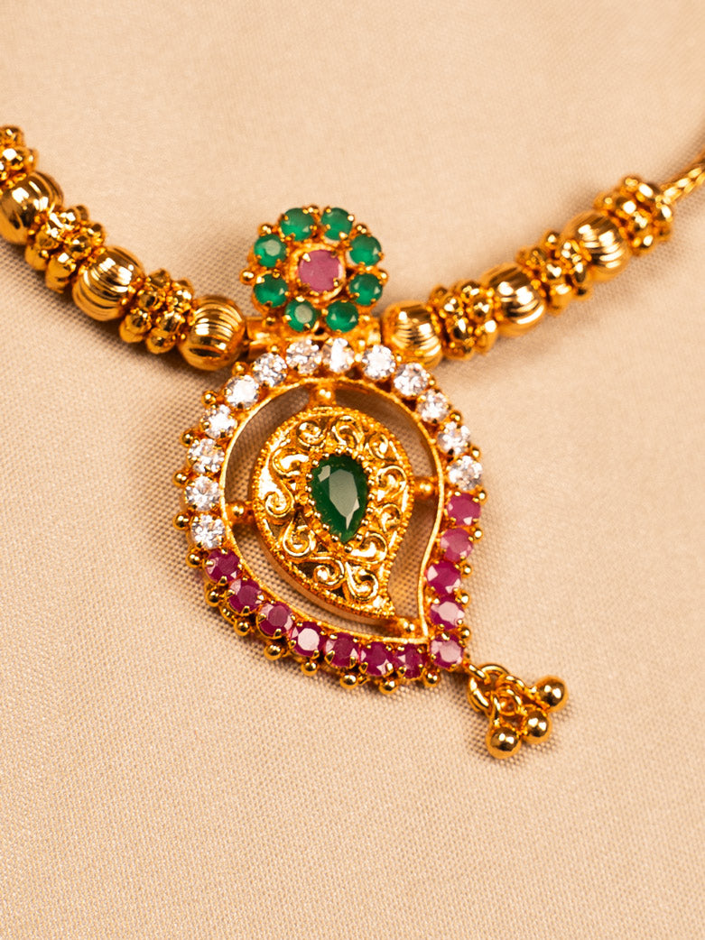 Traditional Gold Temple Necklace with Green & Red Stones – Ethnic Wear Jewellery