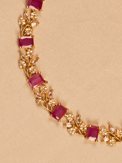 Ruby Red Stone Floral Necklace – Gold-Toned Elegance for Women