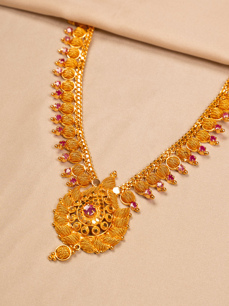 Temple-Style Red Stone Gold Necklace with Coin Motif for Women