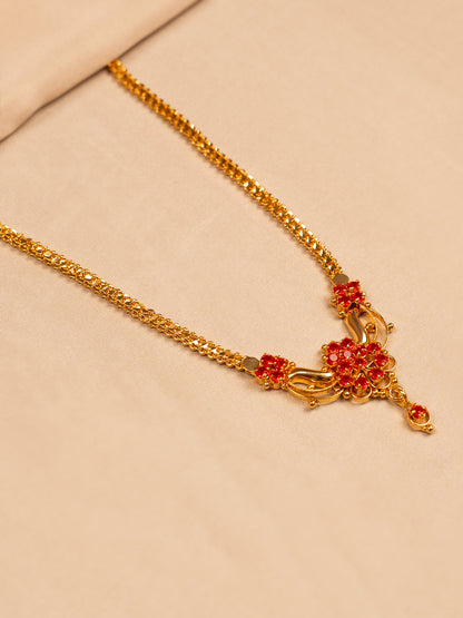 Red Stone Floral Pendant Necklace – Gold Plated Chain for Women