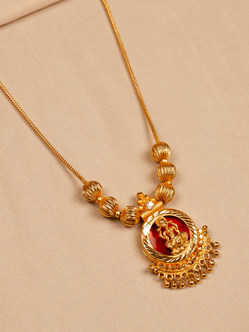 Traditional Lakshmi Pendant Necklace with Red Enamel and Gold Finish