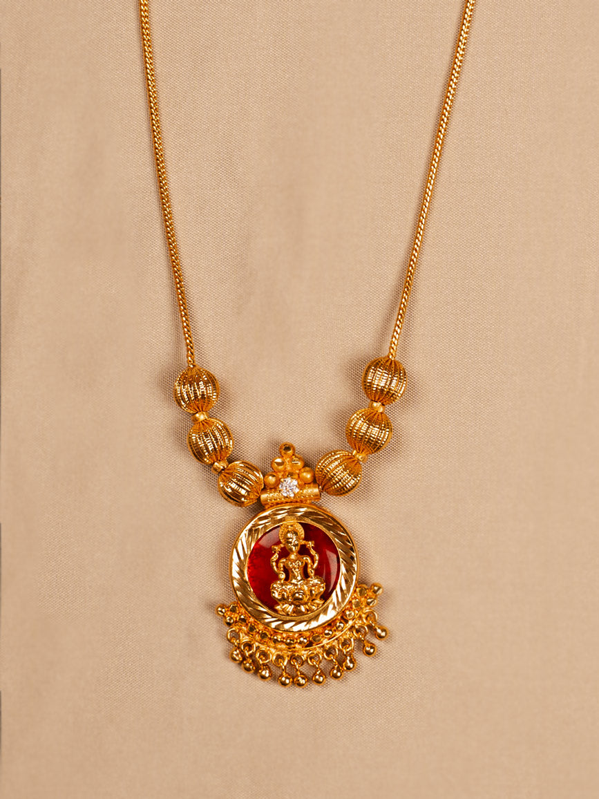 Traditional Lakshmi Pendant Necklace with Red Enamel and Gold Finish