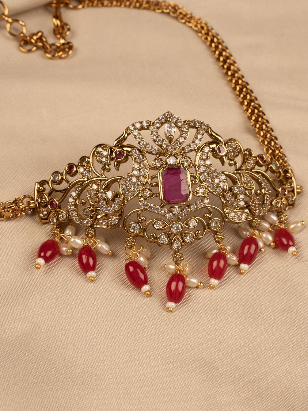 Elegant Red and white Stone Choker Necklace with Earring kc308
