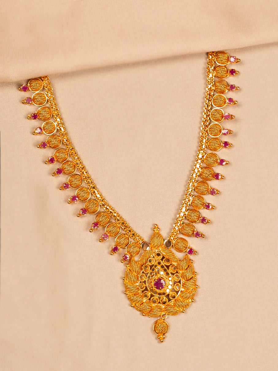 Temple-Style Red Stone Gold Necklace with Coin Motif for Women