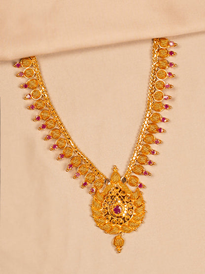 Temple-Style Red Stone Gold Necklace with Coin Motif for Women