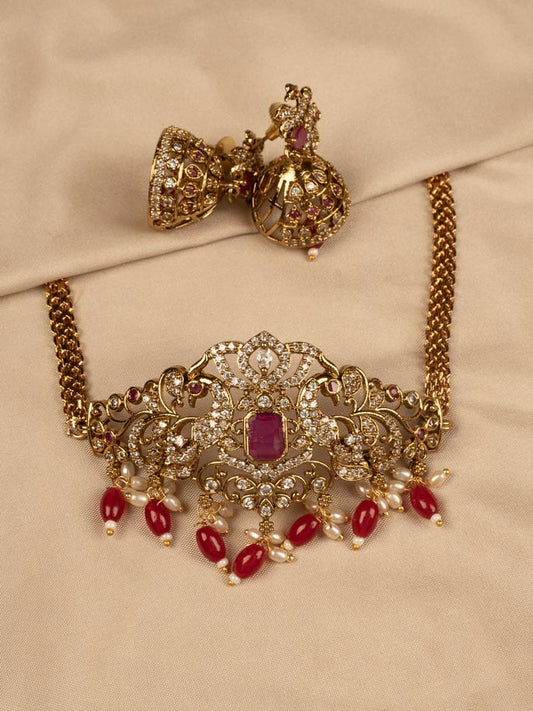 Elegant Red and white Stone Choker Necklace with Earring kc308