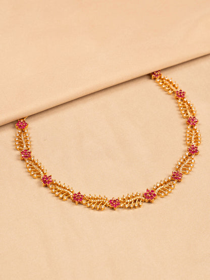 Leaf & Floral Choker Necklace with Red Stone Accents