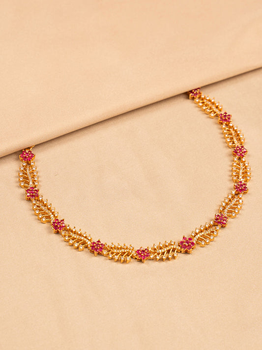 Leaf & Floral Choker Necklace with Red Stone Accents