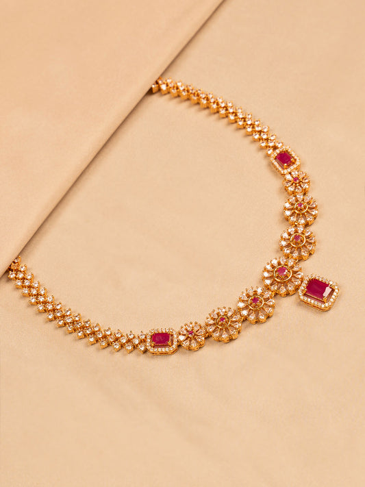 Gold-Toned Ruby Necklace for Women with Floral and Square-Cut Stone Design