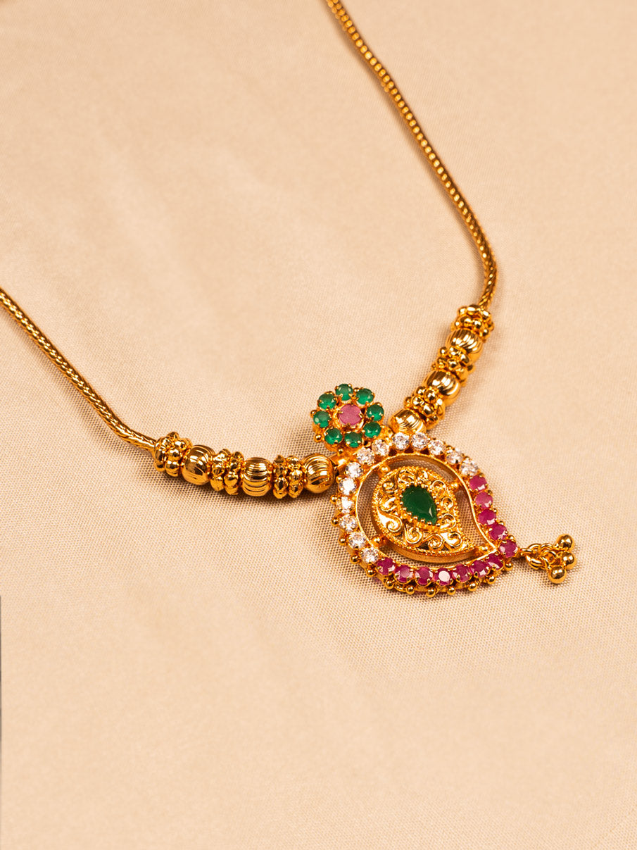 Traditional Gold Temple Necklace with Green & Red Stones – Ethnic Wear Jewellery