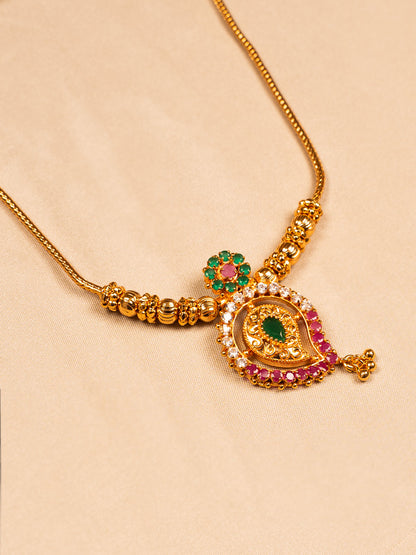 Traditional Gold Temple Necklace with Green & Red Stones – Ethnic Wear Jewellery