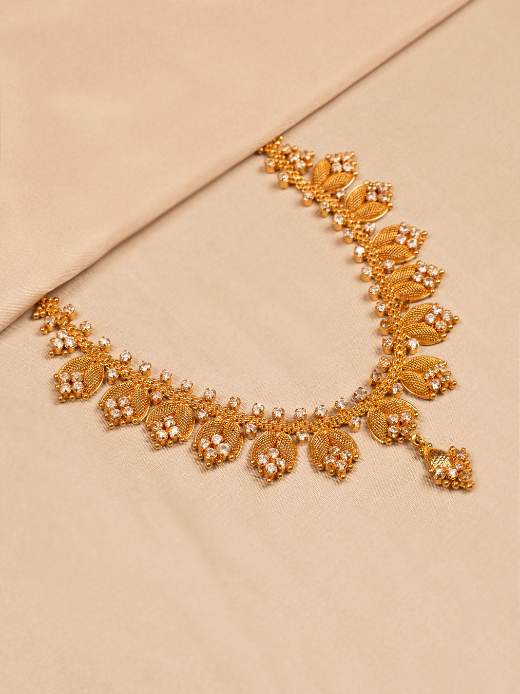 Floral Leaf Design Gold-Toned Necklace with Sparkling Stone Embellishments