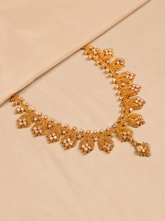 Floral Leaf Design Gold-Toned Necklace with Sparkling Stone Embellishments